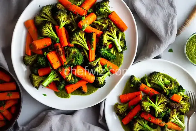 Roasted Broccoli and Carrots with Carrot Top Pesto