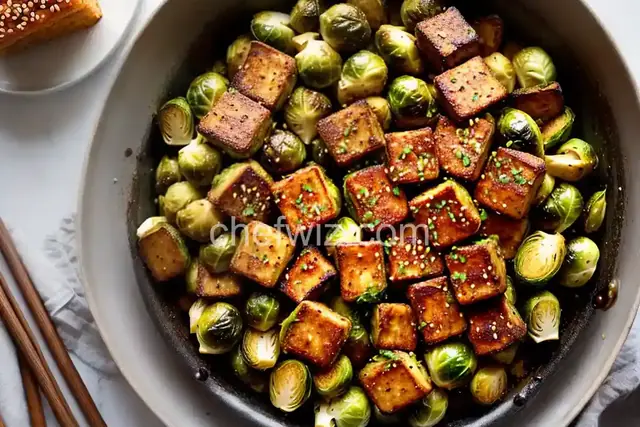 Roasted Brussels Sprouts and Crispy Baked Tofu with Honey-Sesame Glaze