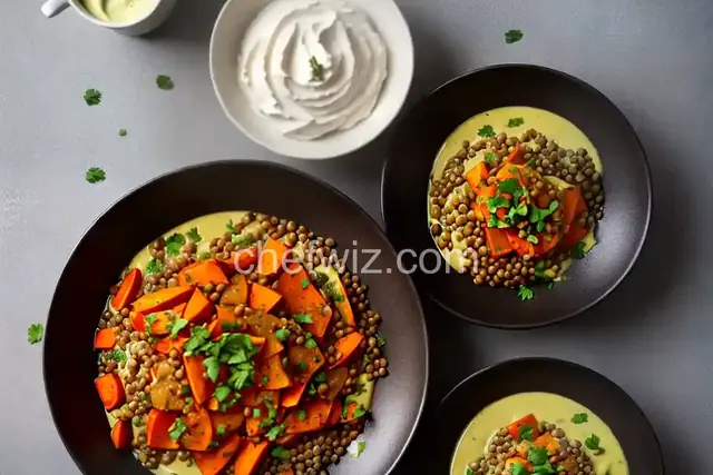Roasted Carrot and Potato, Lentils and Miso Parsley Sauce