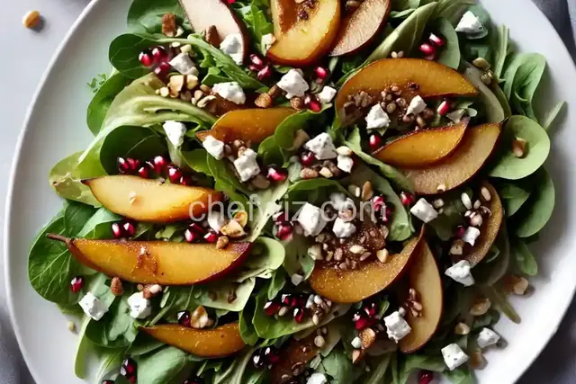 Roasted Pear Salad With Endive, Pomegranate, Blue Cheese, and Hazelnut Vinaigrette Recipe
