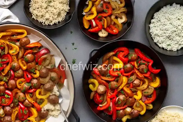 Roasted Sausages, Peppers, and Onions and Cheesy Bread with Black Pepper