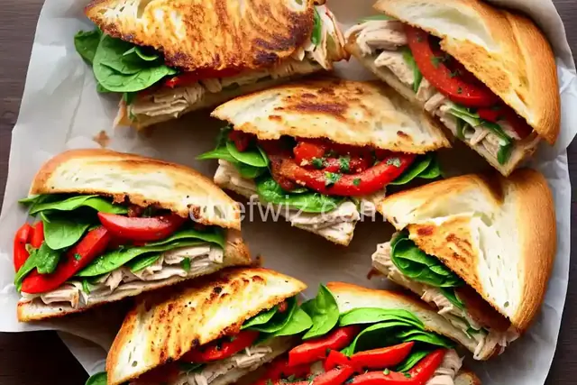 Rotisserie Chicken Panini with Roasted Sweet Red Pepper, Spinach, and Guacamole