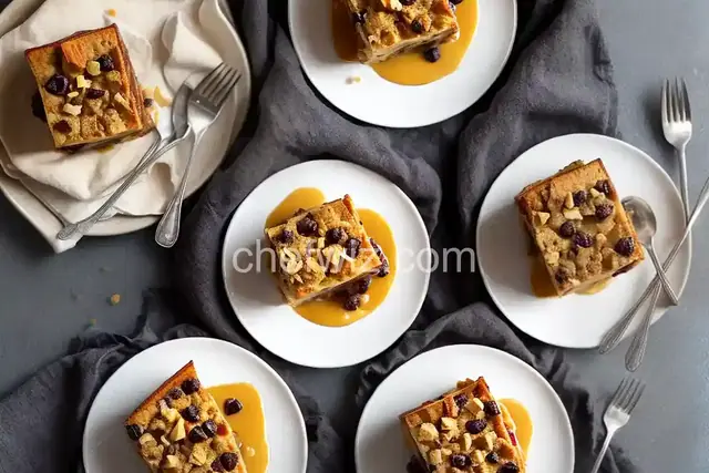 Rum Raisin Bread Pudding with Warm Vanilla Sauce