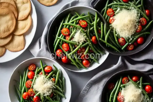 Sauteed Green Beans with Tomatoes and Basil served with Parmesan Crisps