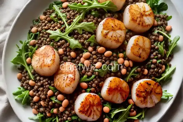 Scallops with Arugula, Lentils, and Butter Beans