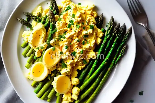 Scrambled Eggs over Asparagus
