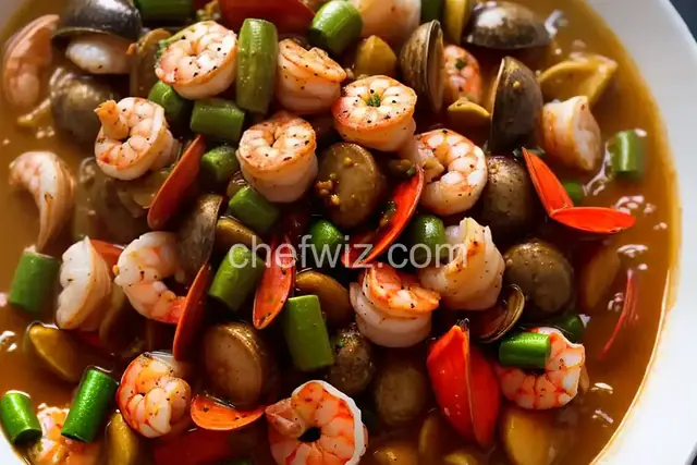 Shellfish and Andouille Gumbo with Shrimp, Scallops, Clams and Oysters with Crispy Okra