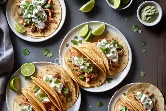 Shredded Chicken and Tomatillo Tacos with Queso Fresco