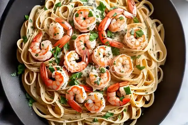 Shrimp with Garlic Cream Sauce Over Linguine