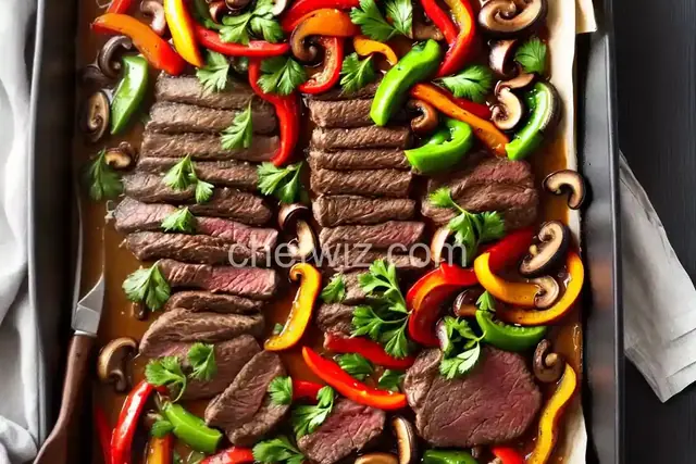 Sliced Steak, Peppers, and Mushrooms in the Oven