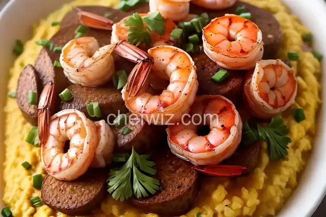 Smothered Andouille Sausage and Shrimp Over Creamy Stone Ground Grits