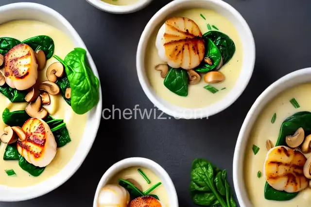 Sous-Vide Bay Scallops on Soy Ginger Espuma with Mushrooms and Spinach