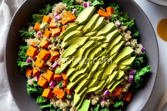 Southwestern Kale Power Salad with Sweet Potato, Quinoa & Avocado Sauce