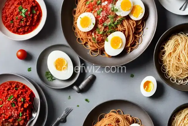 Spaghetti,boiled egg and tomato sauce