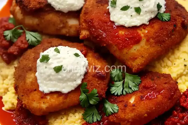 Spicy Oven-Fried Chicken with Cheese Grits and Chorizo Reduction