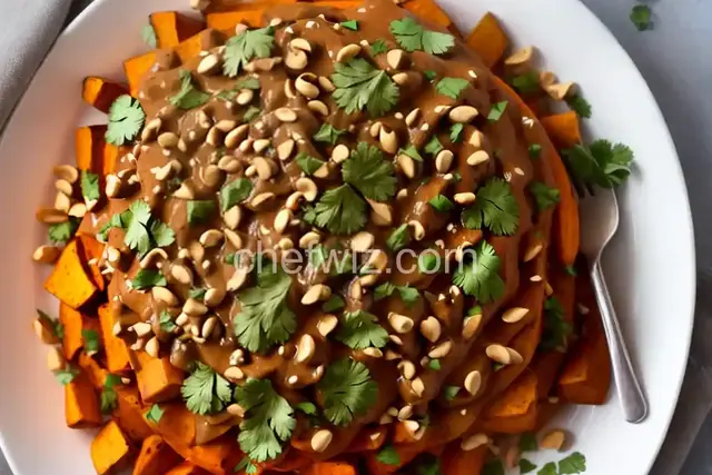 Spicy Thai Peanut Sauce over Roasted Sweet Potatoes and Rice