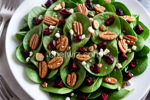 Spinach Salad with Bosc Pears, Cranberries, Red Onion, and Toasted Hazelnuts