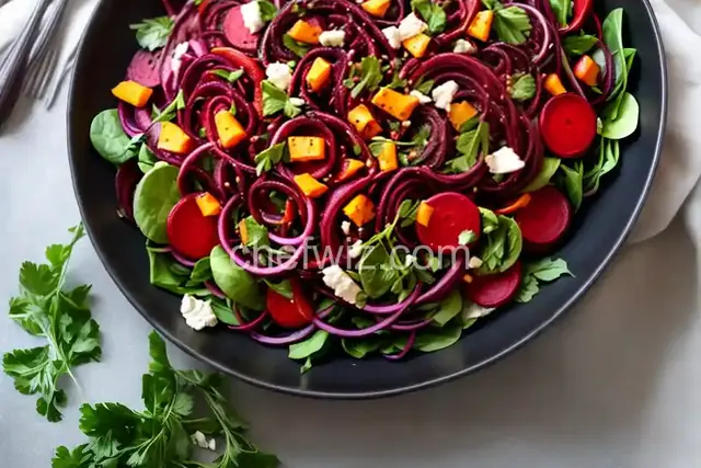 Spiralized Roasted Beet Salad with Quince Vinaigrette