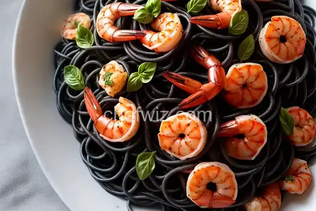 Squid Ink Pasta with Shrimp, Nduja, and Tomato