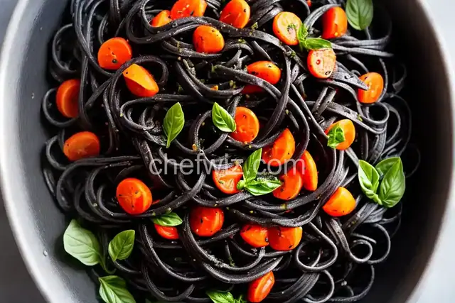 Squid Ink Tagliatelle with Squid and White Wine-Tomato Sauce
