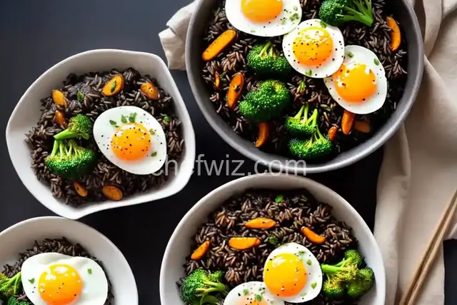 Stir-Fried Black Rice With Fried Egg and Roasted Broccoli