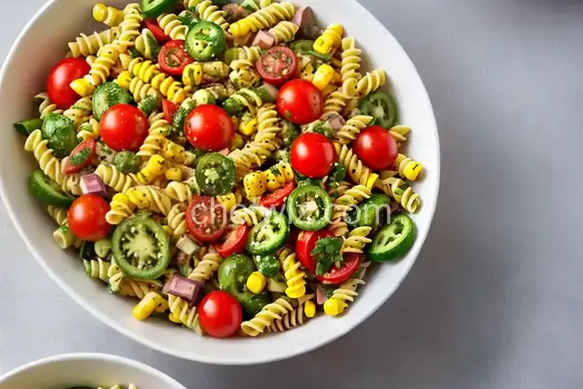 Summertime Pasta Salad with Tomatoes, Corn and Jalapeño Pesto