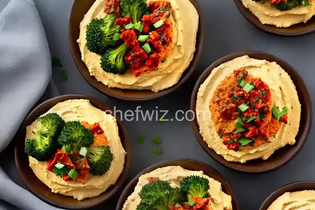 Sun-Dried Tomato Hummus and Roasted Broccoli Crostini