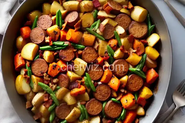 Sunshine's Roasted Winter Vegetables with Chicken-Apple Sausage and Bacon