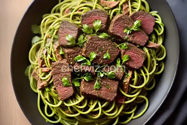 Tallarines Verdes con Bistec (green spaghetti with steak)