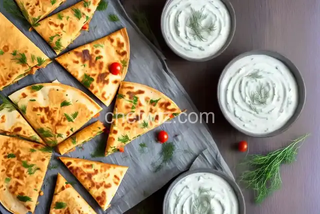 Tomato, Olive and Chickpea Quesadillas with Dill Yogurt Dip