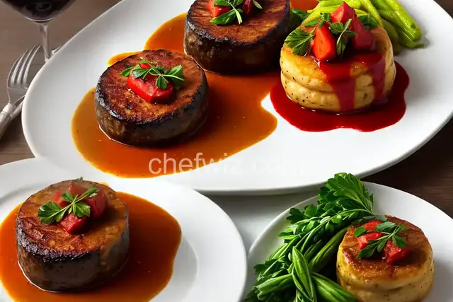 Tournedos Rossini-style with Glazed Vegetable Bouquetiere, Sauce Perigueux-style