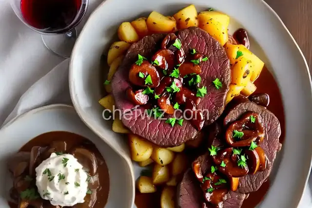 Tournedos of Beef in Mushroom, Mustard and Red Wine Sauce with Caramelized Onion-Potato Gratin