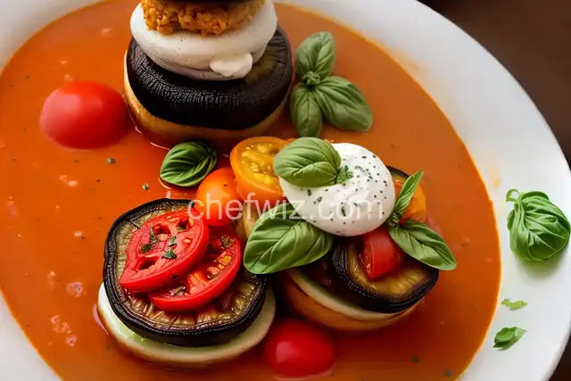 Vegetable Napoleon with Grilled Portobello Mushroom and Tomato Basil Bisque