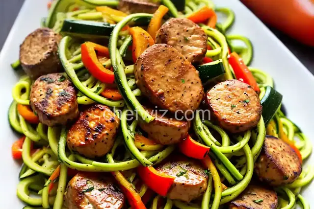 Zucchini Noodles and Summer Vegetables with Sweet Pepper Chicken Sausage