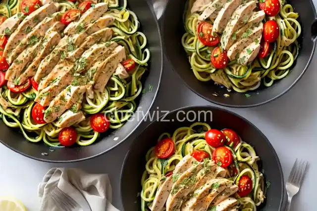 Zucchini Noodles with Chicken and Tomatoes in a Lemon Garlic Sauce