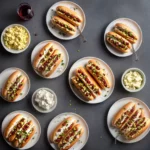 Split Hot Dogs with Butter Toasted Buns and Homemade Toppings compressed image1