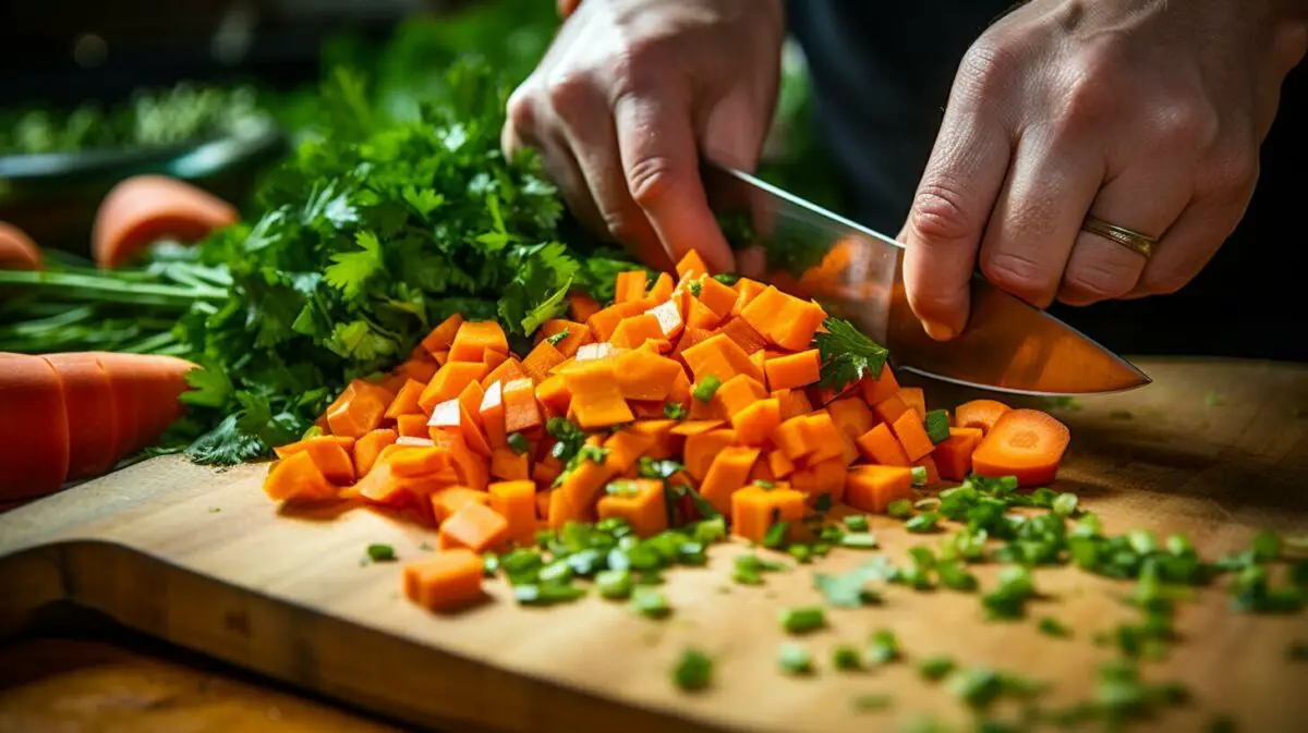 Diced carrots on a cutting board