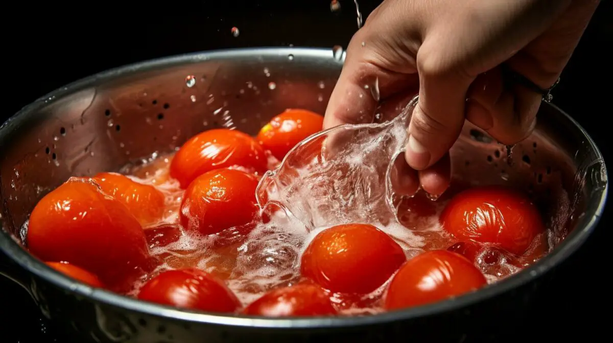 Transferring tomatoes to an ice bath