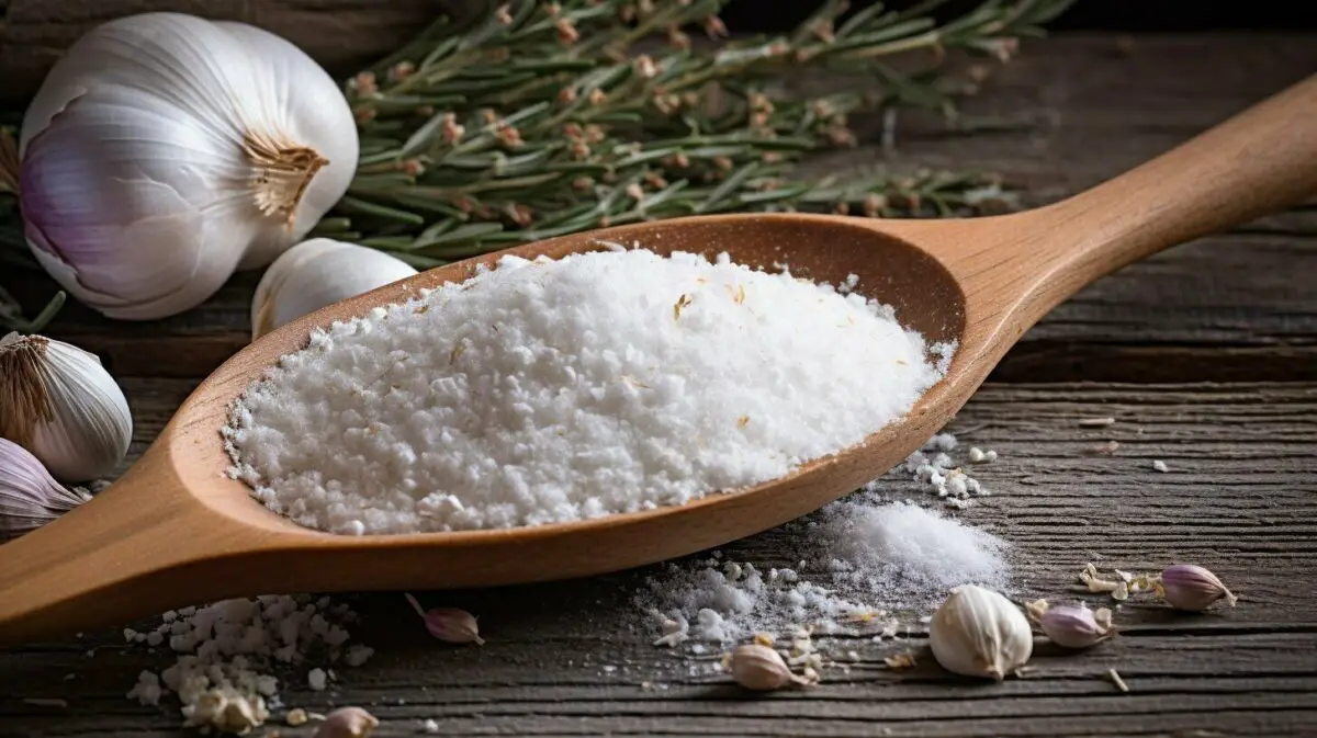garlic salt in a wooden spoon