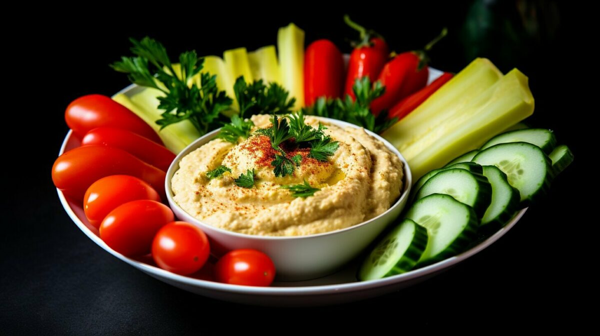 hummus garnished with vegetables hummus garnished with vegetables
