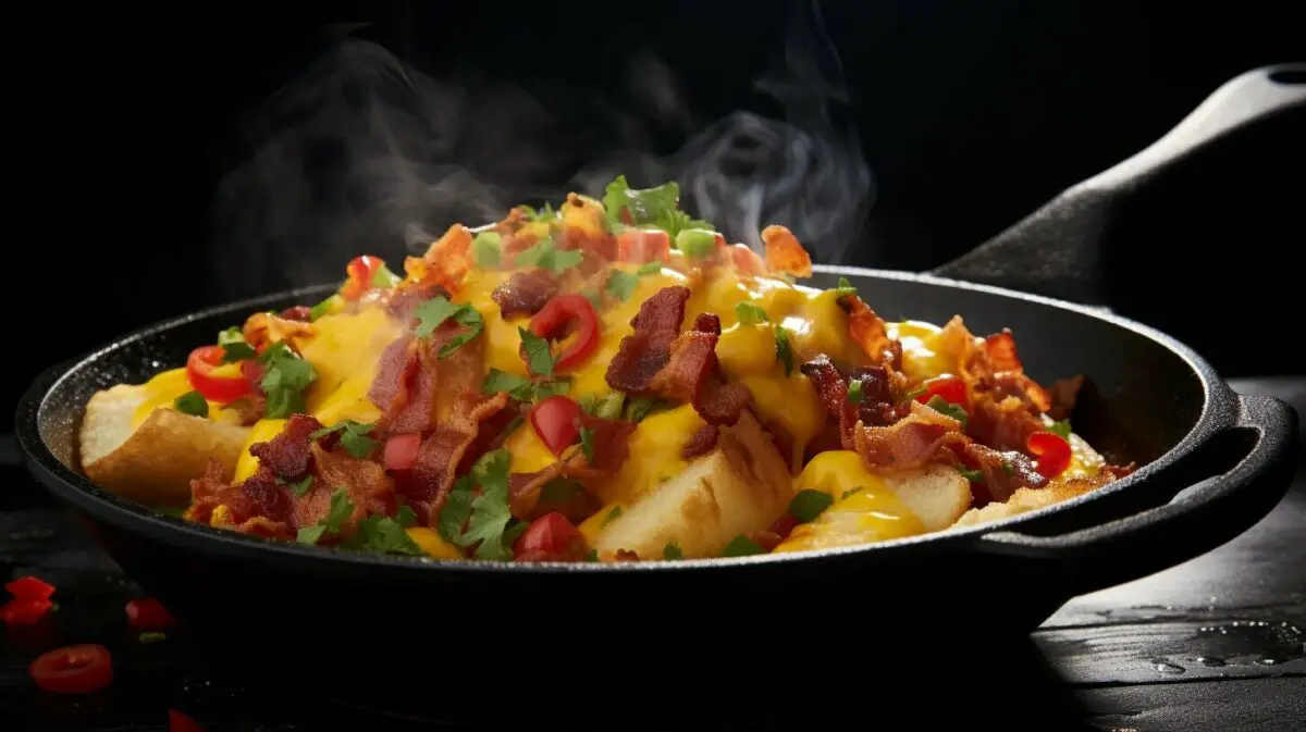 omelette with bacon, potatoes, bell pepper, and jalapeno