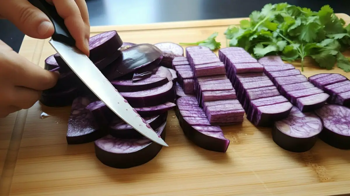 slicing eggplant into cubes