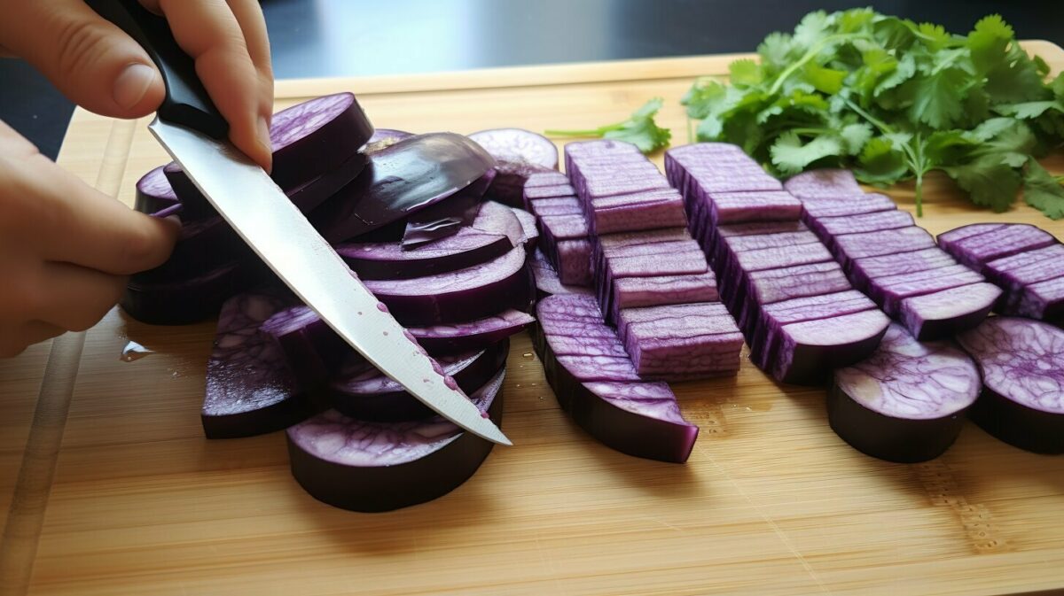 slicing eggplant into cubes slicing eggplant into cubes