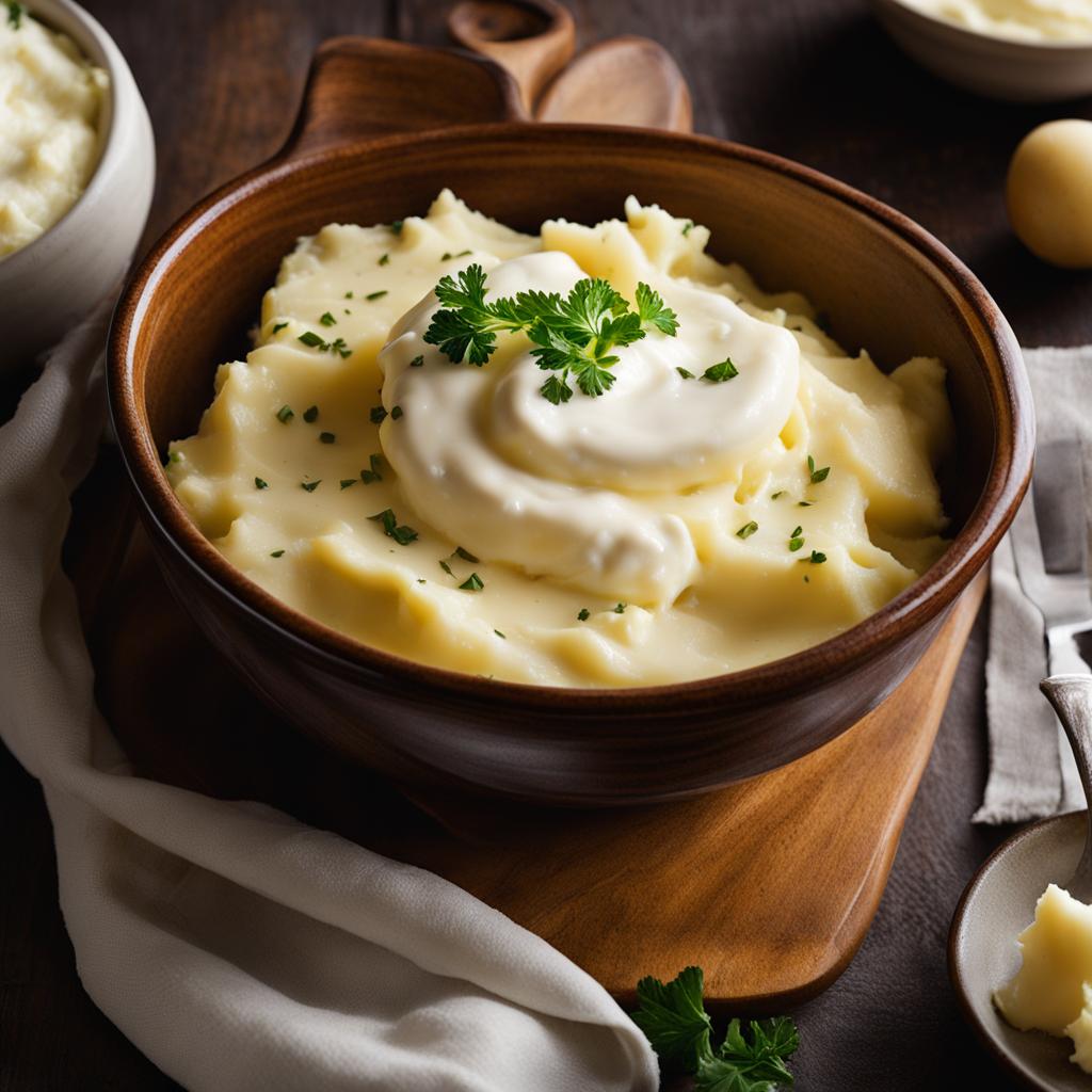 Thick and creamy mashed potatoes with heavy cream and sour cream Thick and creamy mashed potatoes with heavy cream and sour cream